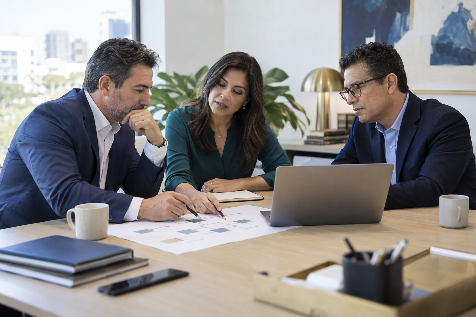 Escena ilustrativa de una conversación sobre estrategia empresarial